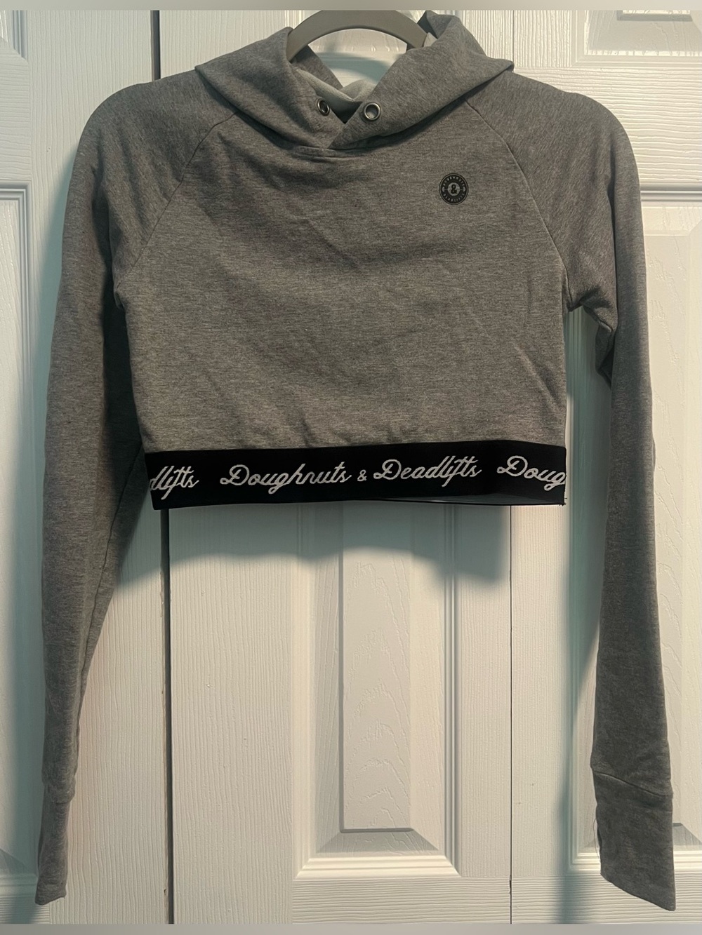 Doughnuts & Deadlifts Cropped Workout Hoodie in Gray